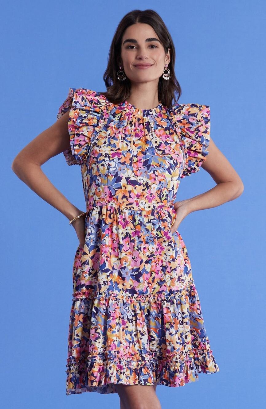 NWT Tyler Boe Ursula Bouquet Print Ruffle Neck Tiered Skirt A-Line Dress Size XS